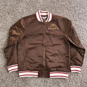 Kappa Satin Bomber Jacket Size L Brown Full Zip Back Spellout Uni Authentic EUC